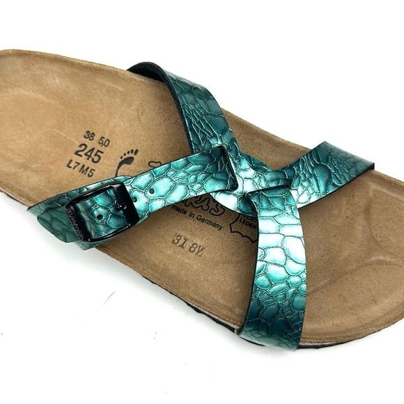 NWB Birkenstock Birki’s Sylt Metallic Turquoise Croc Embossed Sandals 38 US 7 - Picture 7 of 14